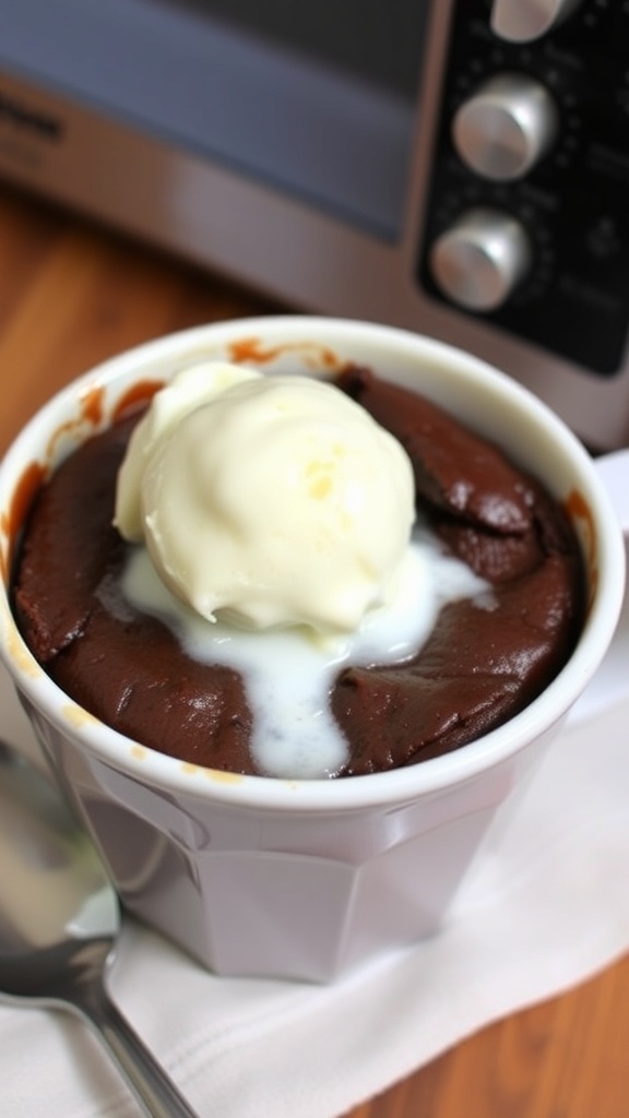 A mug filled with a warm brownie topped with melting ice cream, set in a cozy kitchen.